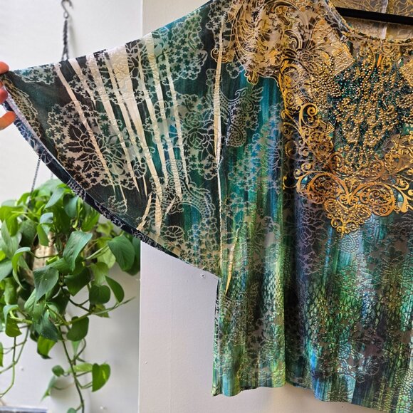 Reba Vintage Fairy Whimsigoth Velvet Burnout Sheer Embellished Batwing Top L - Picture 4 of 10